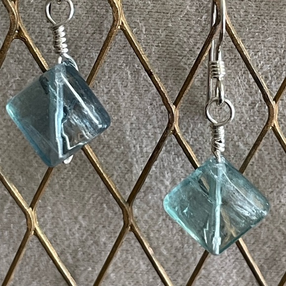 Natural Fluorite Sterling Silver Wire Wrapped Earrings Handmade Gemstone Dangles - Picture 2 of 7